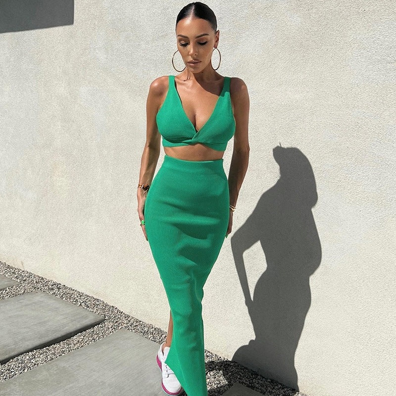 Ribbed Knit Bodycon Midi Skirt Set with V-Neck Crop Top