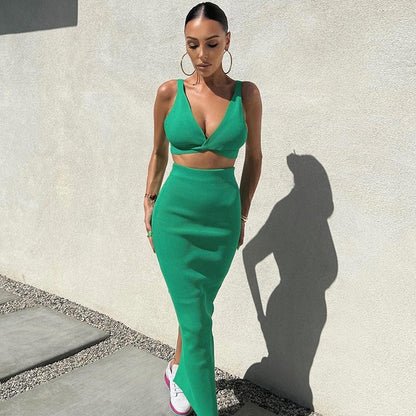 Ribbed Knit Bodycon Midi Skirt Set with V-Neck Crop Top