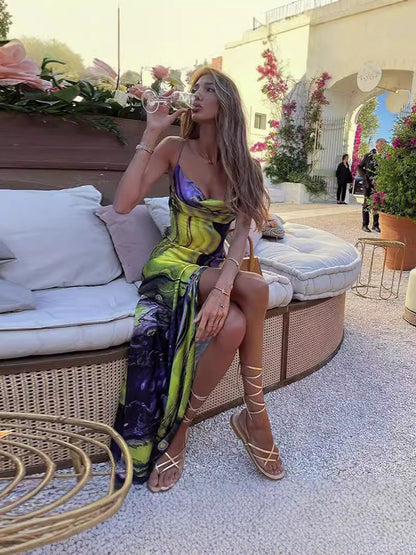 Abstract Print Cowl Neck Maxi Dress with High Slit