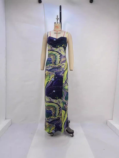 Abstract Print Cowl Neck Maxi Dress with High Slit