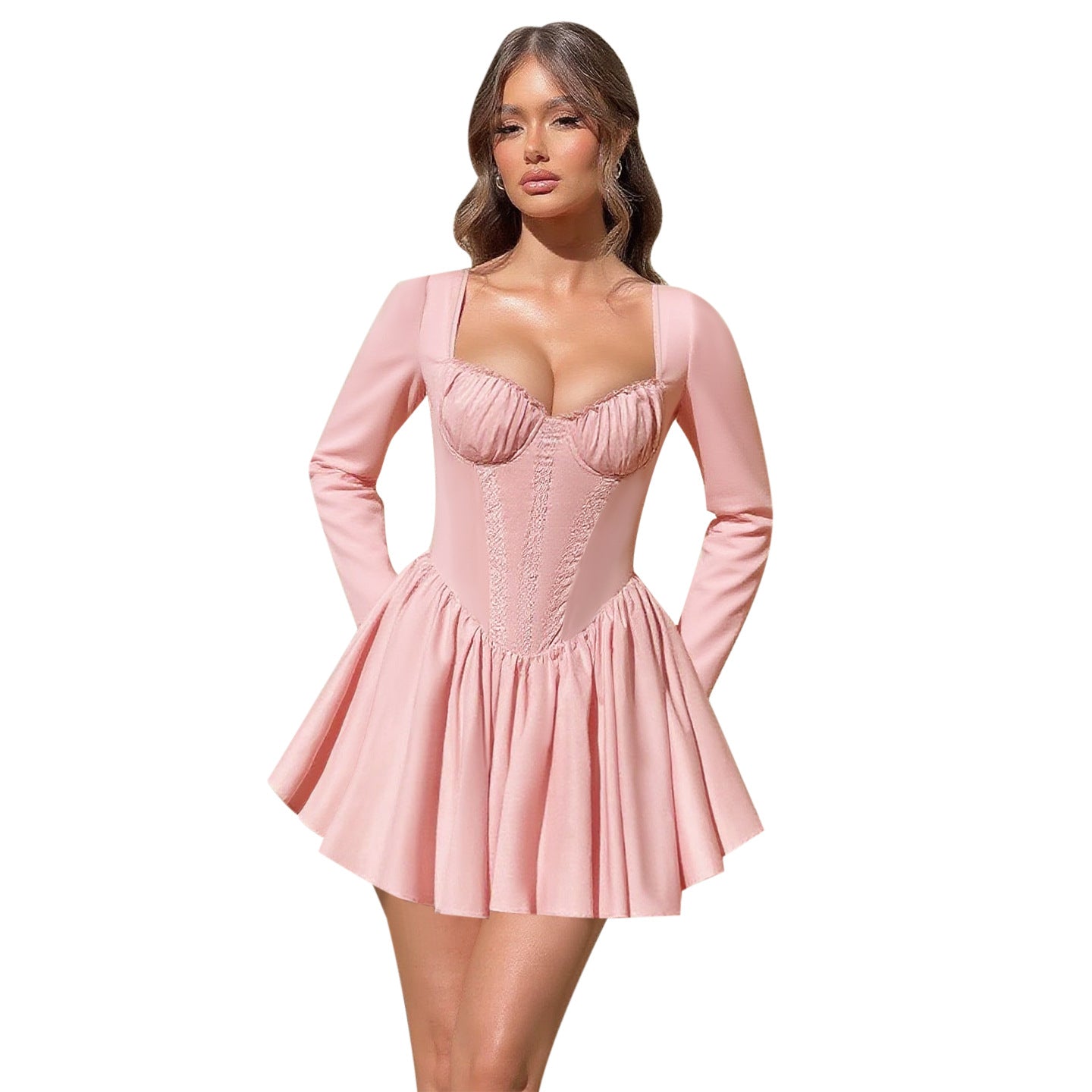 Fit and Flare Mini Dress with Corset Bodice and Long Sleeves
