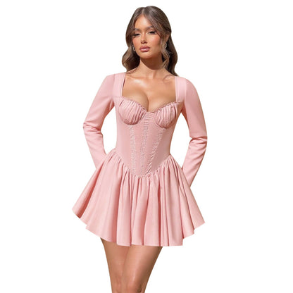 Fit and Flare Mini Dress with Corset Bodice and Long Sleeves