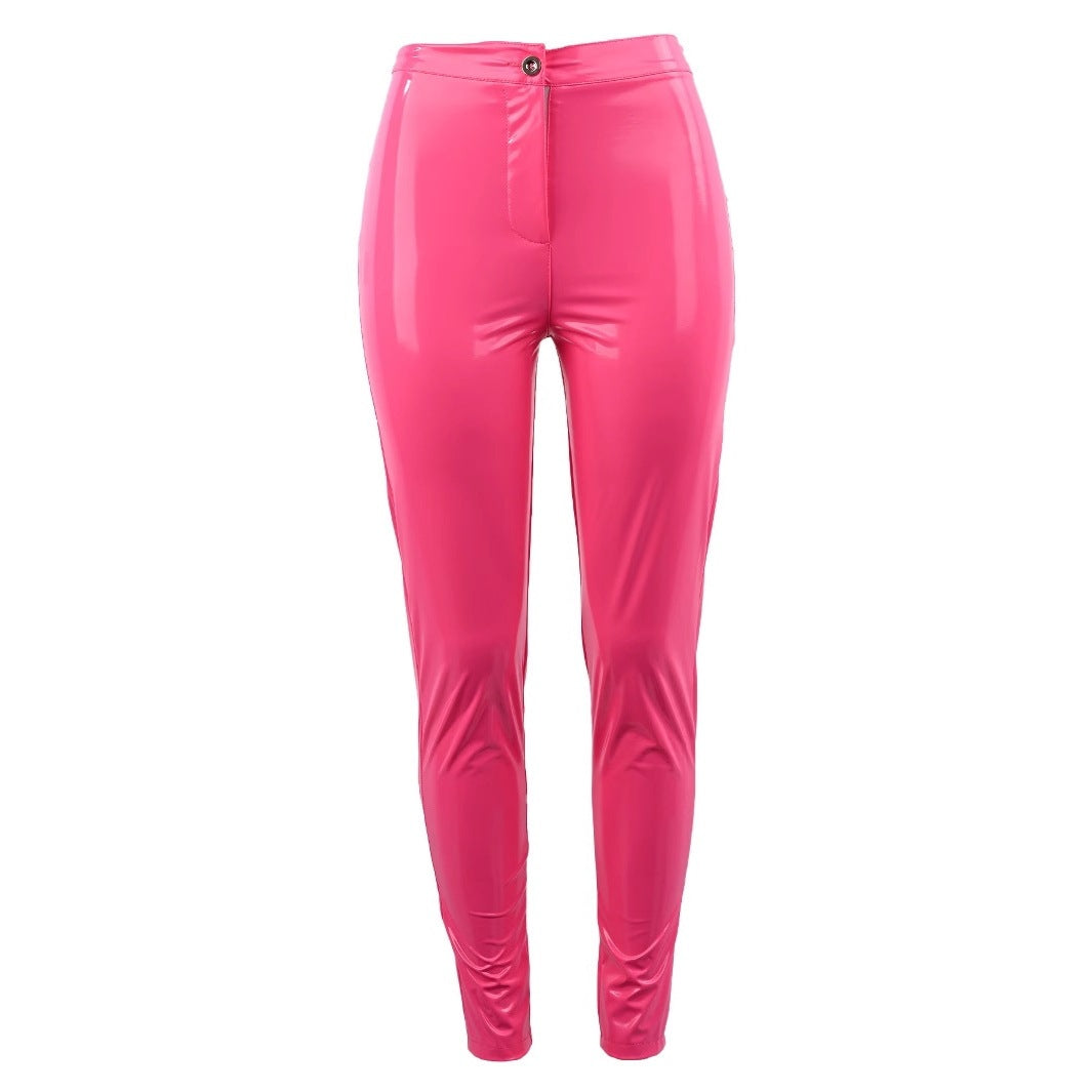 Mid-Rise Skinny Pencil Pants in Rose Red Faux Leather