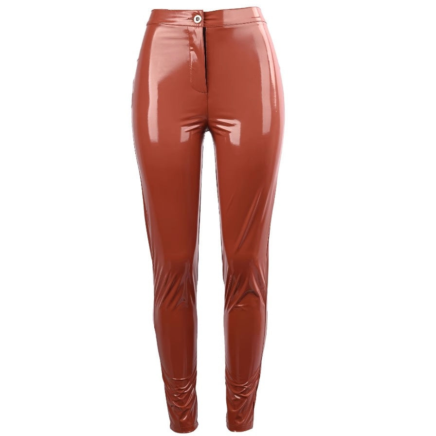 Mid-Rise Skinny Pencil Pants in Rose Red Faux Leather