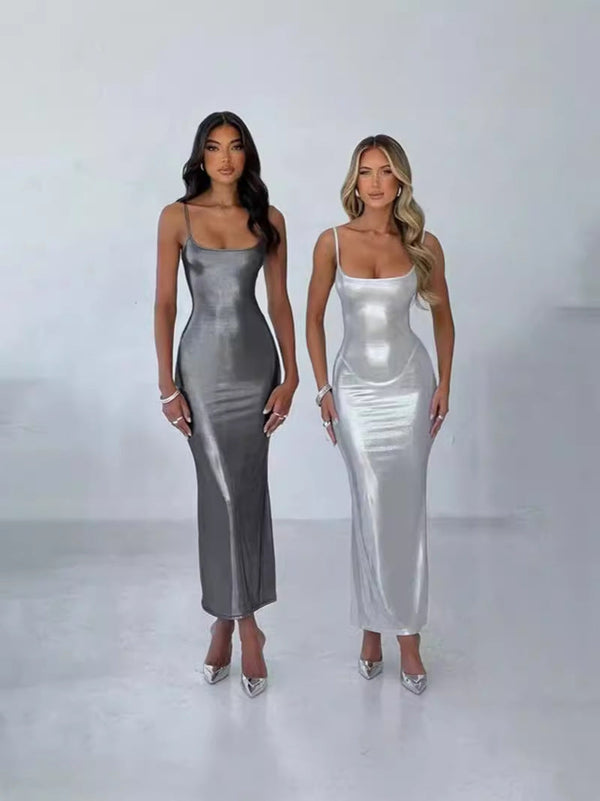 Metallic PU Bodycon Maxi Dress with Scoop Neck and Backless Detail