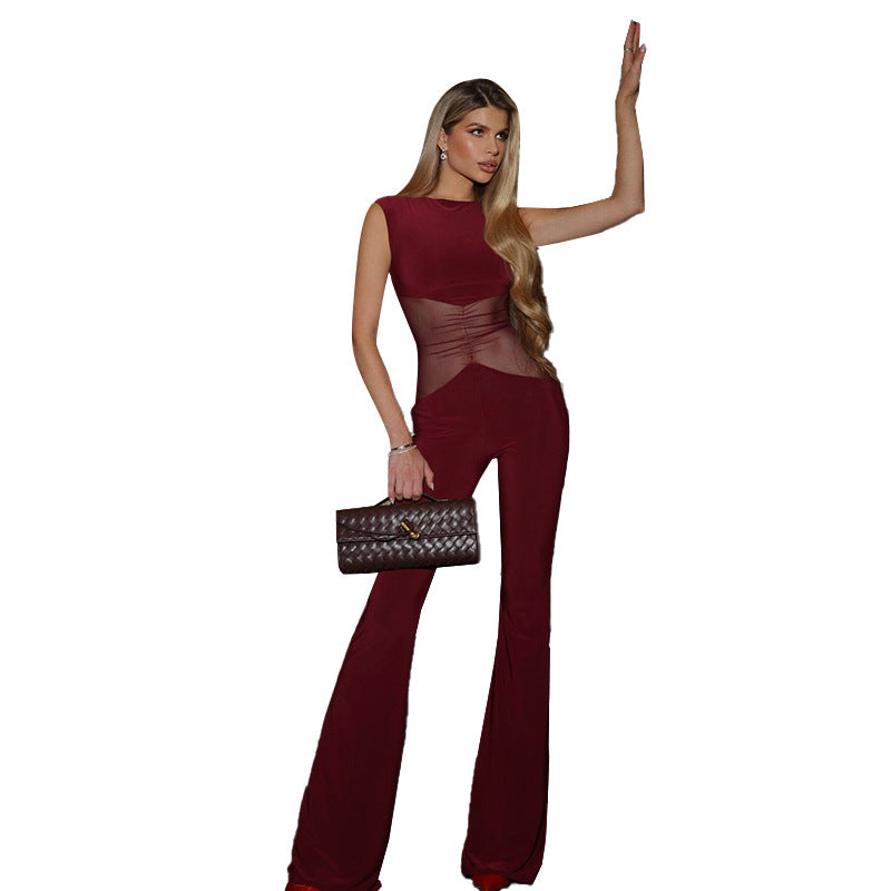Sleeveless Bodycon Jumpsuit with Mesh Panel and Flared Legs