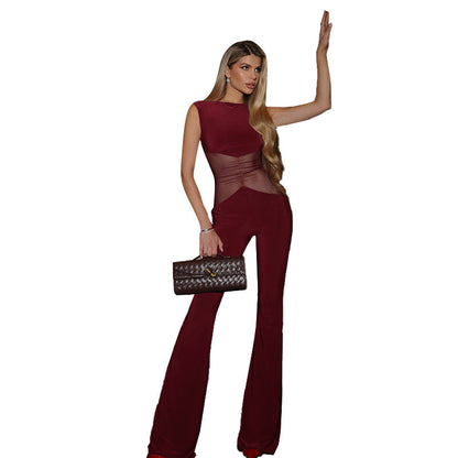Sleeveless Bodycon Jumpsuit with Mesh Panel and Flared Legs