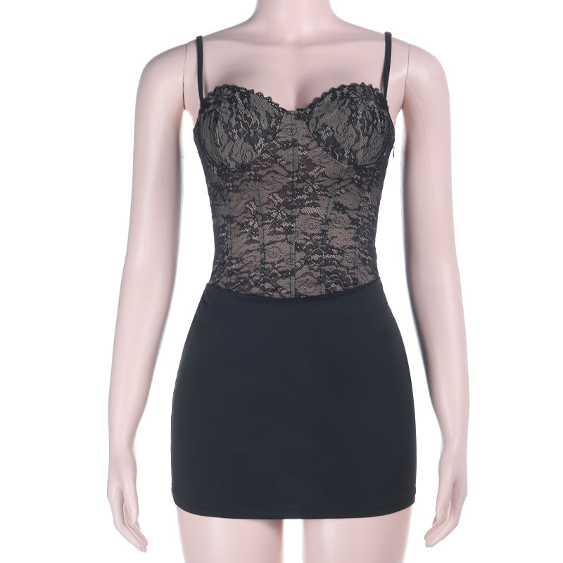 Bodycon Mini Dress with Lace Corset Bodice and Spaghetti Straps