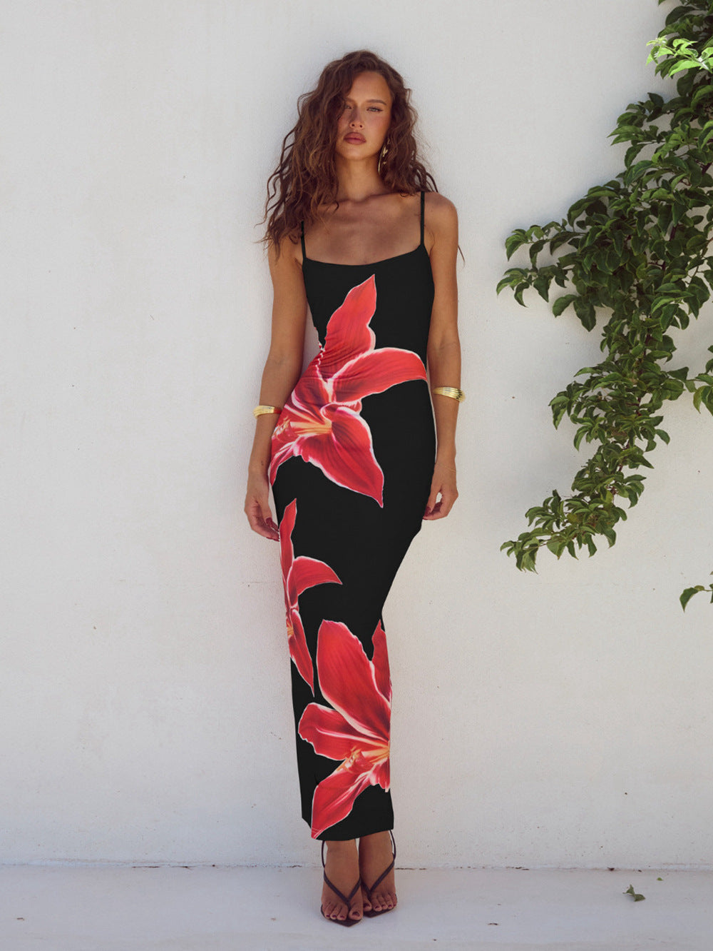 Floral Print Bodycon Maxi Dress with Spaghetti Straps
