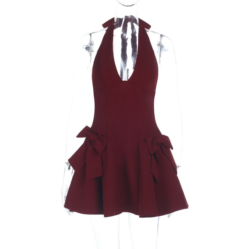 Halter Neck A-Line Mini Dress with Side Bow Accents