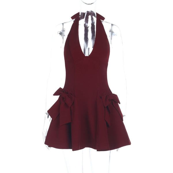 Halter Neck A-Line Mini Dress with Side Bow Accents