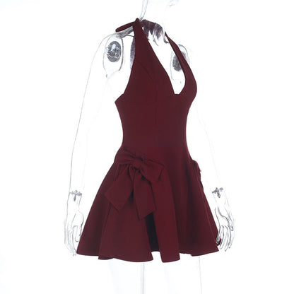 Halter Neck A-Line Mini Dress with Side Bow Accents