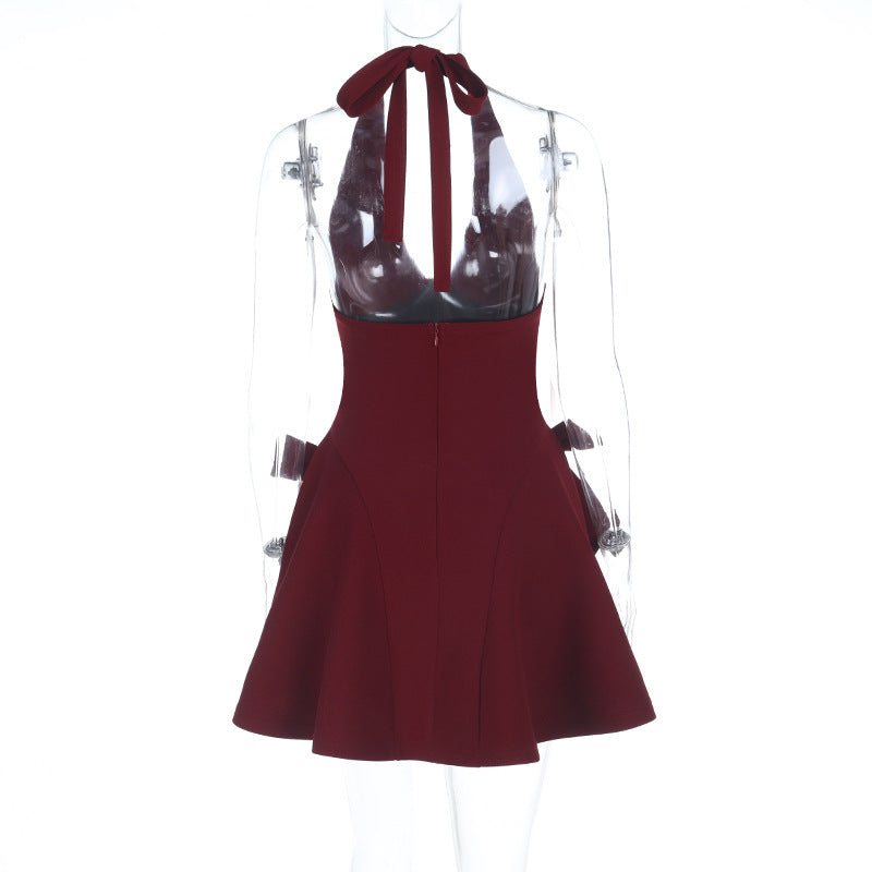 Halter Neck A-Line Mini Dress with Side Bow Accents