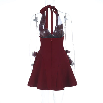 Halter Neck A-Line Mini Dress with Side Bow Accents
