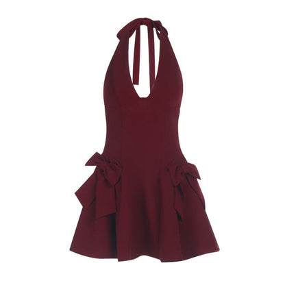 Halter Neck A-Line Mini Dress with Side Bow Accents
