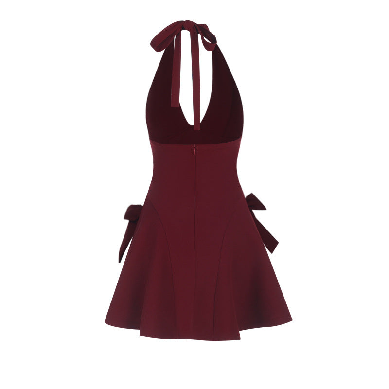 Halter Neck A-Line Mini Dress with Side Bow Accents
