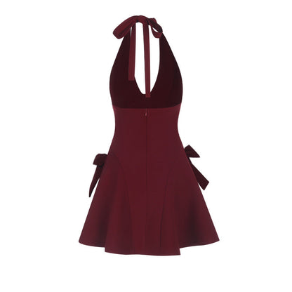 Halter Neck A-Line Mini Dress with Side Bow Accents