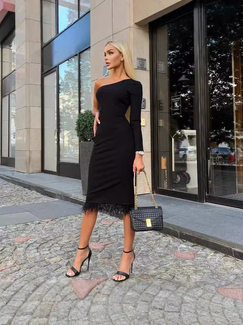 One-Shoulder Bodycon Midi Dress with Feather Trim