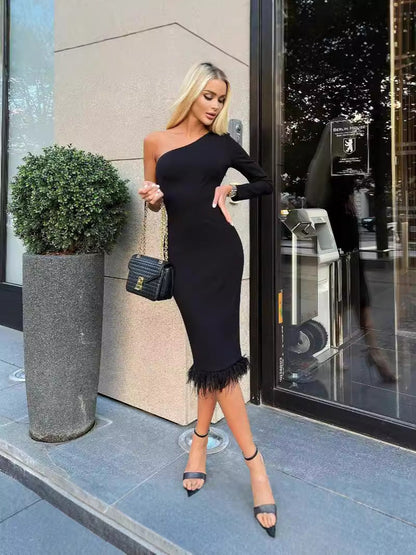 One-Shoulder Bodycon Midi Dress with Feather Trim