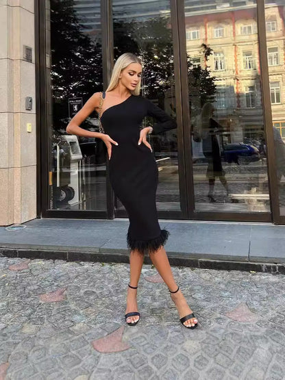 One-Shoulder Bodycon Midi Dress with Feather Trim