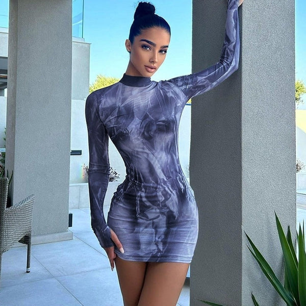 Abstract Print Bodycon Mini Dress with High Neck and Long Sleeves