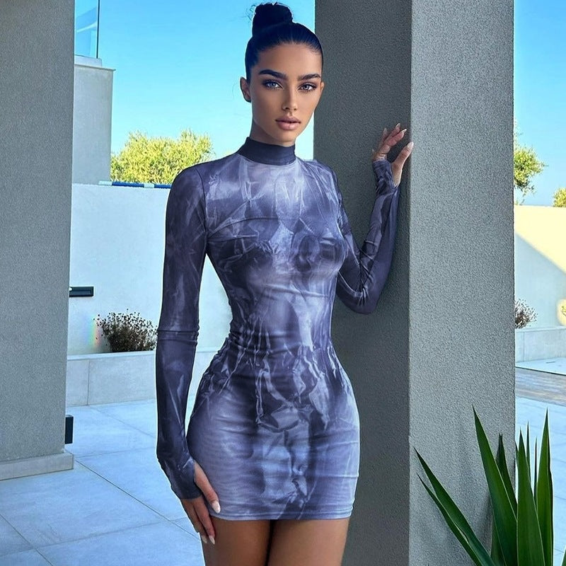 Abstract Print Bodycon Mini Dress with High Neck and Long Sleeves