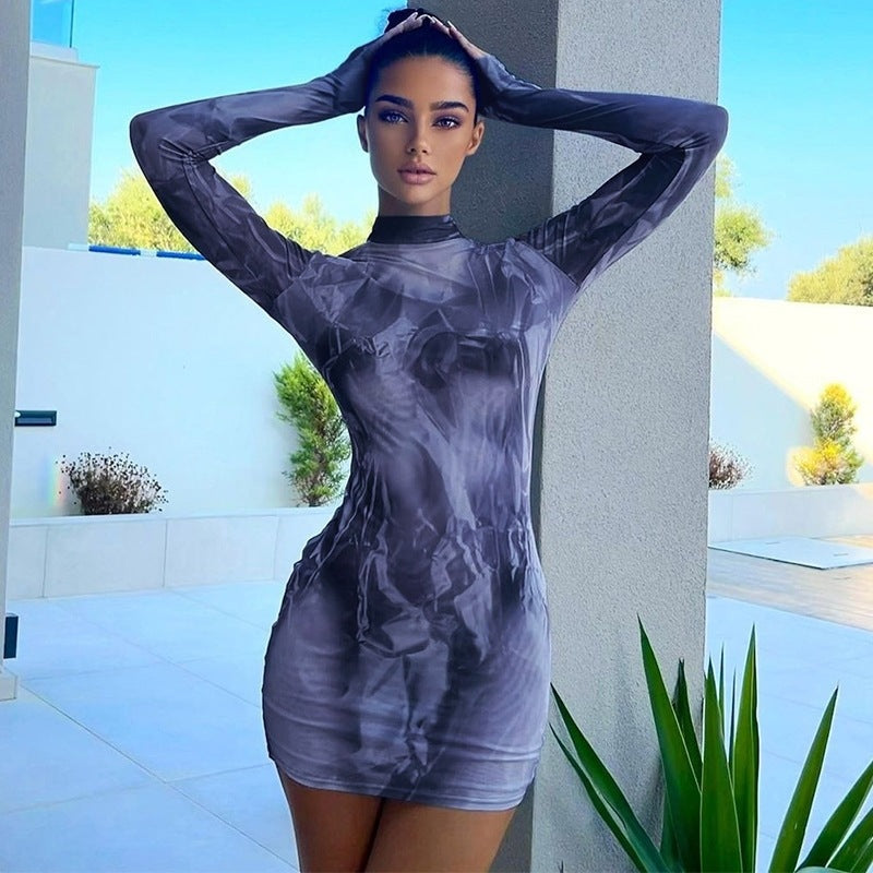 Abstract Print Bodycon Mini Dress with High Neck and Long Sleeves