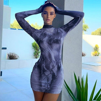 Abstract Print Bodycon Mini Dress with High Neck and Long Sleeves