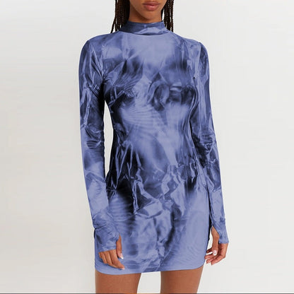 Abstract Print Bodycon Mini Dress with High Neck and Long Sleeves