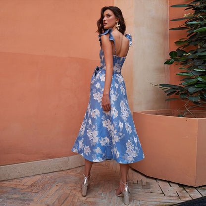 Floral Print A-Line Midi Dress with Ruffled Straps and Front Slit