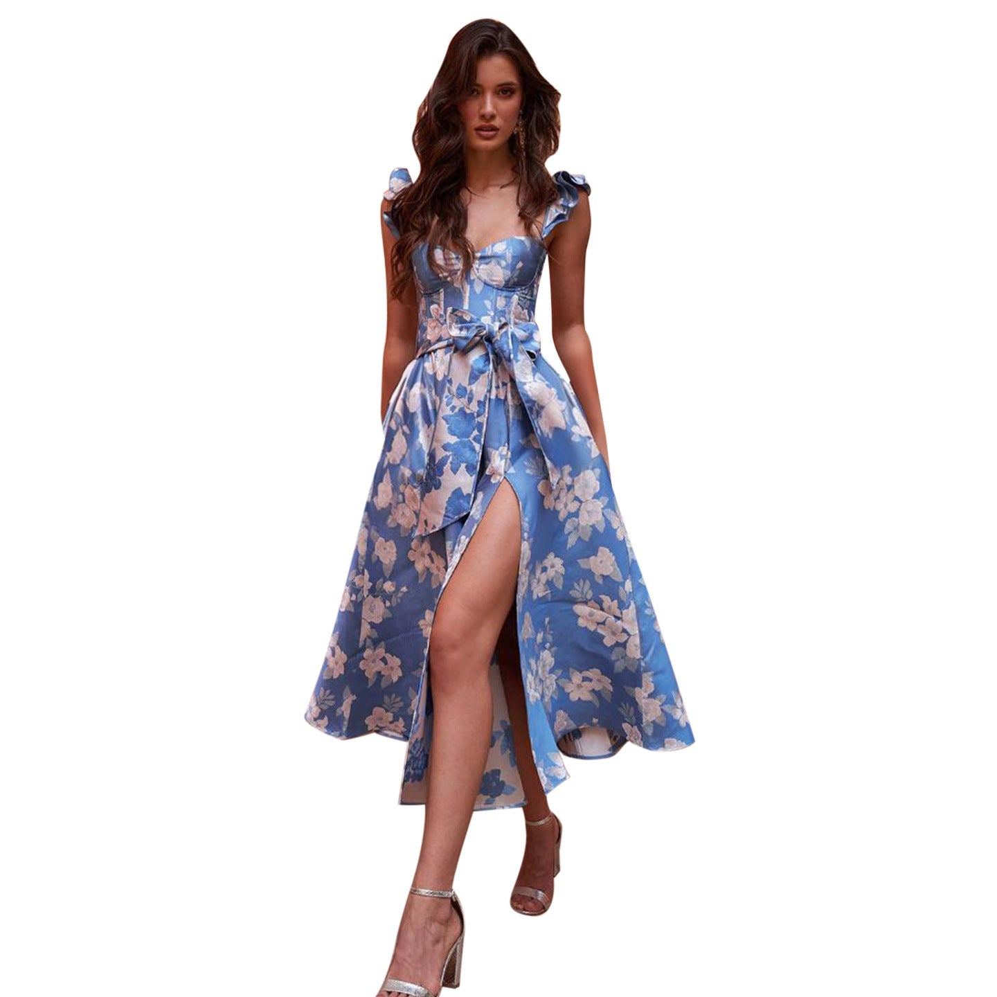 Floral Print A-Line Midi Dress with Ruffled Straps and Front Slit