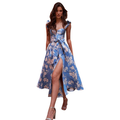 Floral Print A-Line Midi Dress with Ruffled Straps and Front Slit