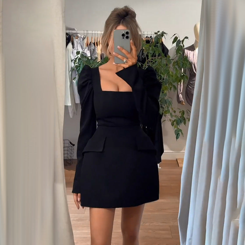 A-Line Mini Dress with Square Neck and Puff Sleeves
