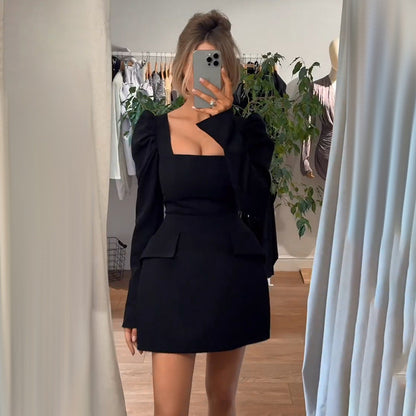 A-Line Mini Dress with Square Neck and Puff Sleeves