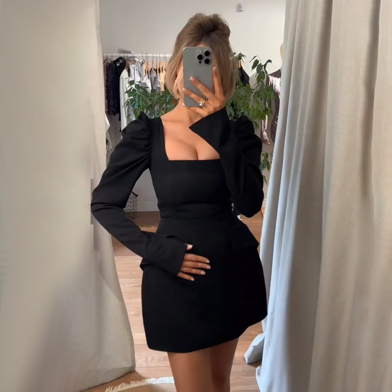 A-Line Mini Dress with Square Neck and Puff Sleeves