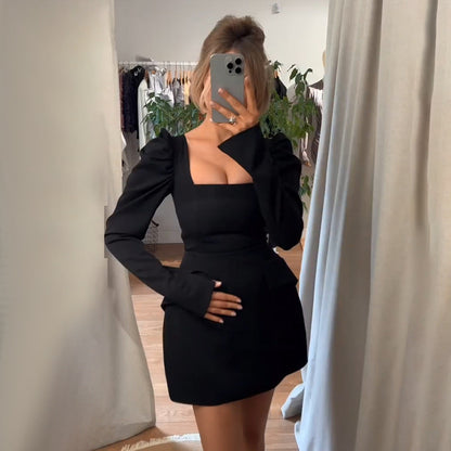 A-Line Mini Dress with Square Neck and Puff Sleeves