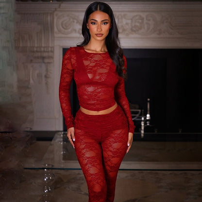 Sheer Lace Two-Piece Set with Long Sleeve Crop Top and Slim Pants