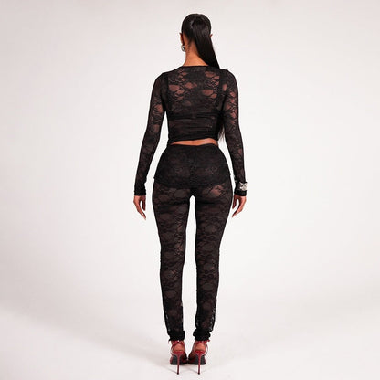 Sheer Lace Two-Piece Set with Long Sleeve Crop Top and Slim Pants