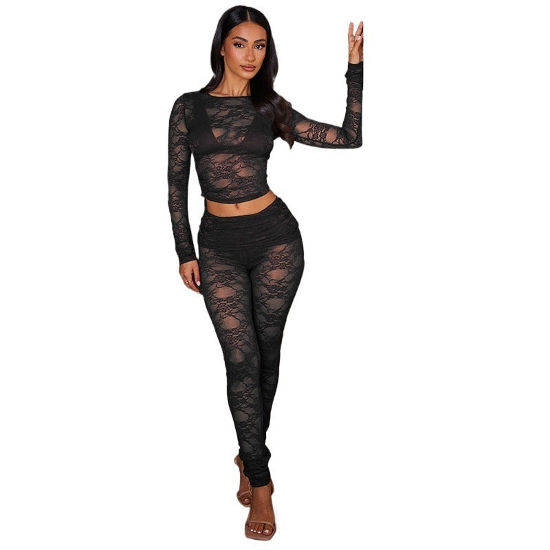 Sheer Lace Two-Piece Set with Long Sleeve Crop Top and Slim Pants