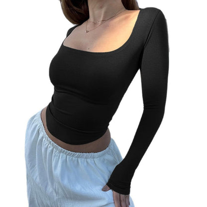 Slim-Fit U-Neck Long Sleeve Crop Top with Curved Hem