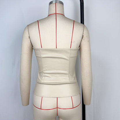 Slim Fit Strapless PU Leather Top with Button Detail