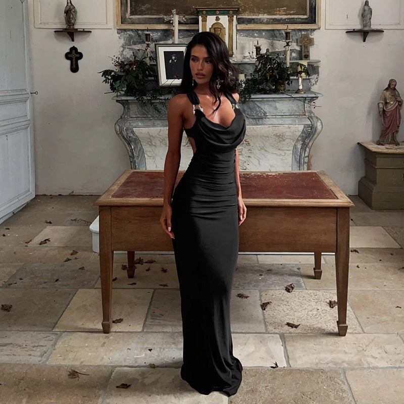Ruched Bodycon Maxi Dress with Cowl Neck and Ring Straps