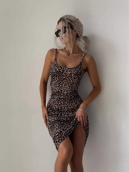 Leopard Print Bodycon Maxi Dress with Backless Detail
