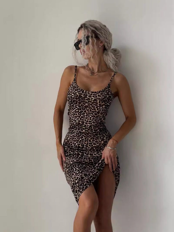 Leopard Print Bodycon Maxi Dress with Backless Detail