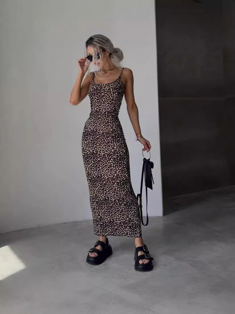 Leopard Print Bodycon Maxi Dress with Backless Detail