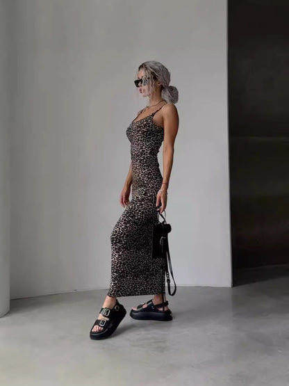 Leopard Print Bodycon Maxi Dress with Backless Detail
