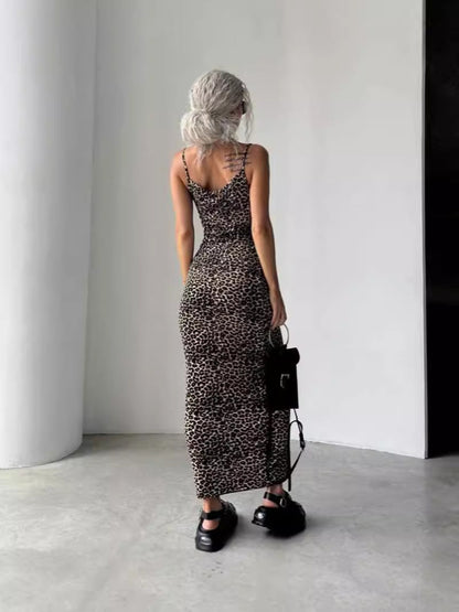 Leopard Print Bodycon Maxi Dress with Backless Detail