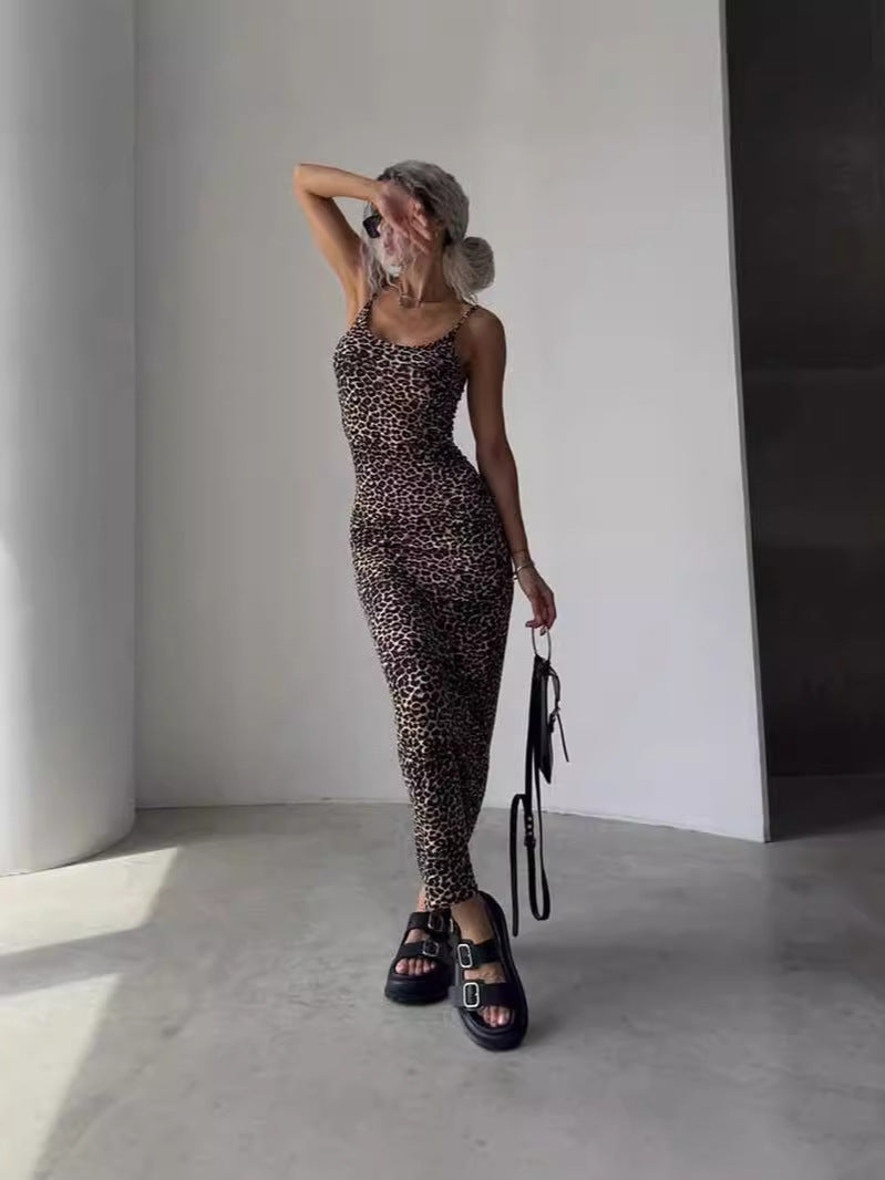 Leopard Print Bodycon Maxi Dress with Backless Detail