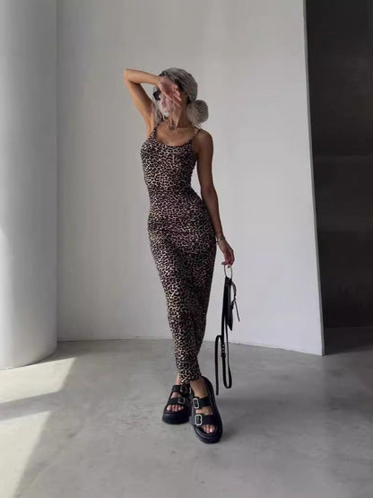 Leopard Print Bodycon Maxi Dress with Backless Detail