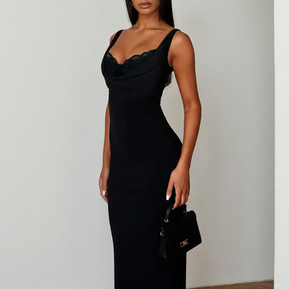 Bodycon Maxi Dress with Lace-Trimmed Cowl Neck